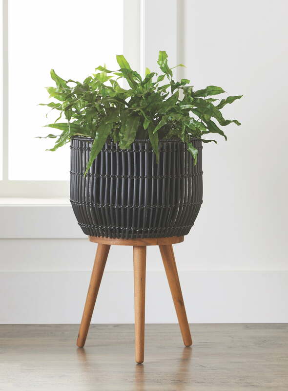 Better Homes & Gardens Set di fioriere e supporti rotondi in resina nera con gambe in legno