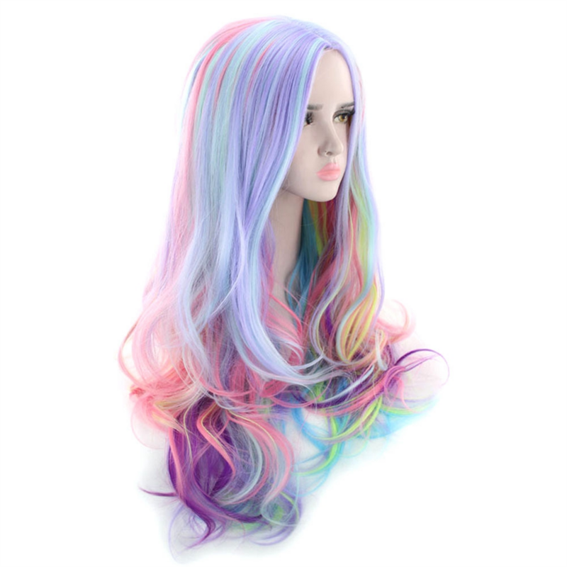 Peruca colorida do arco-íris para meninas, perucas longas onduladas encaracoladas, bonito arco-íris Cosplay, festa diária, europeu e americano