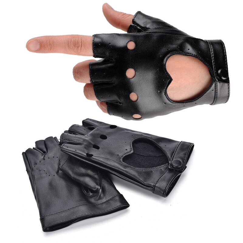 Luvas de couro sintético curto punk para mulheres, meio dedo, sem dedos, senhora, bonito, preto, na moda, 1 par