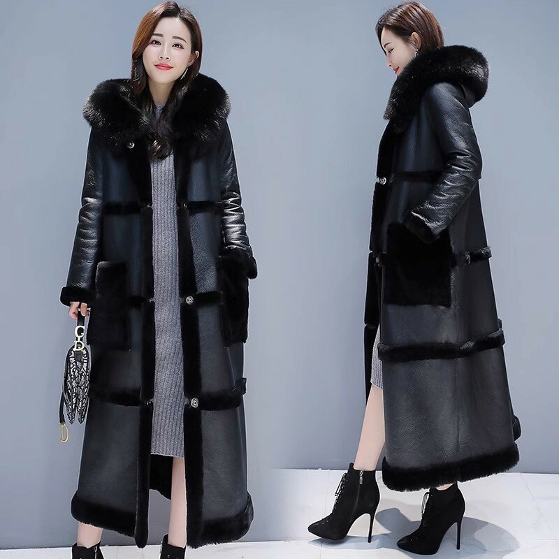 女性用ラムウールの冬用コート,大きなフェイクレザーコート,厚くて暖かい,フード付きの女性用毛皮のコート