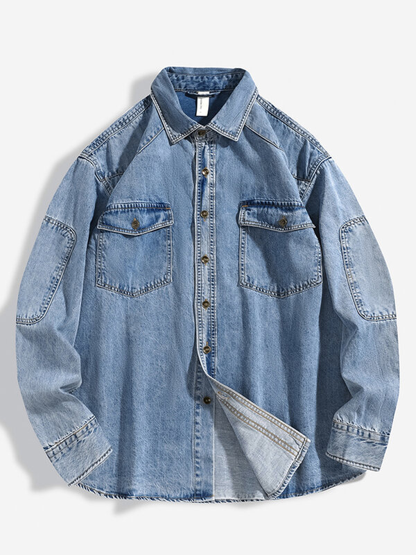 2023 nuova camicia da uomo in cotone Denim manica lunga nero blu tasche con bottoni a spalla scesa camicie Jeans da lavoro Casual allentate da Cowboy