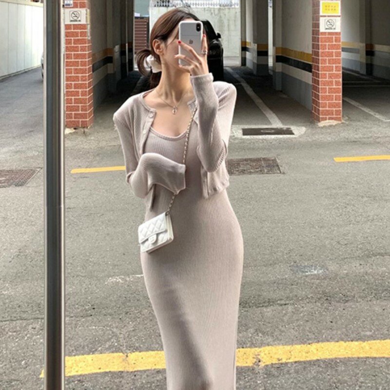 Elegant Two Pieces Set Women Spring Fashion Knitted Sweaters Sexy Sling Bodycon Dress And Casual Long Sleeve Cardigans 2023 New