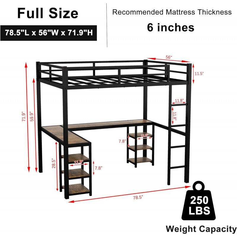 Bellewave Full Size Loft Bed Met L-Vormig Bureau, Metalen Frame Loft Bed Vol Met Opslag Planken, Zware Metalen Loft Bed Voor K
