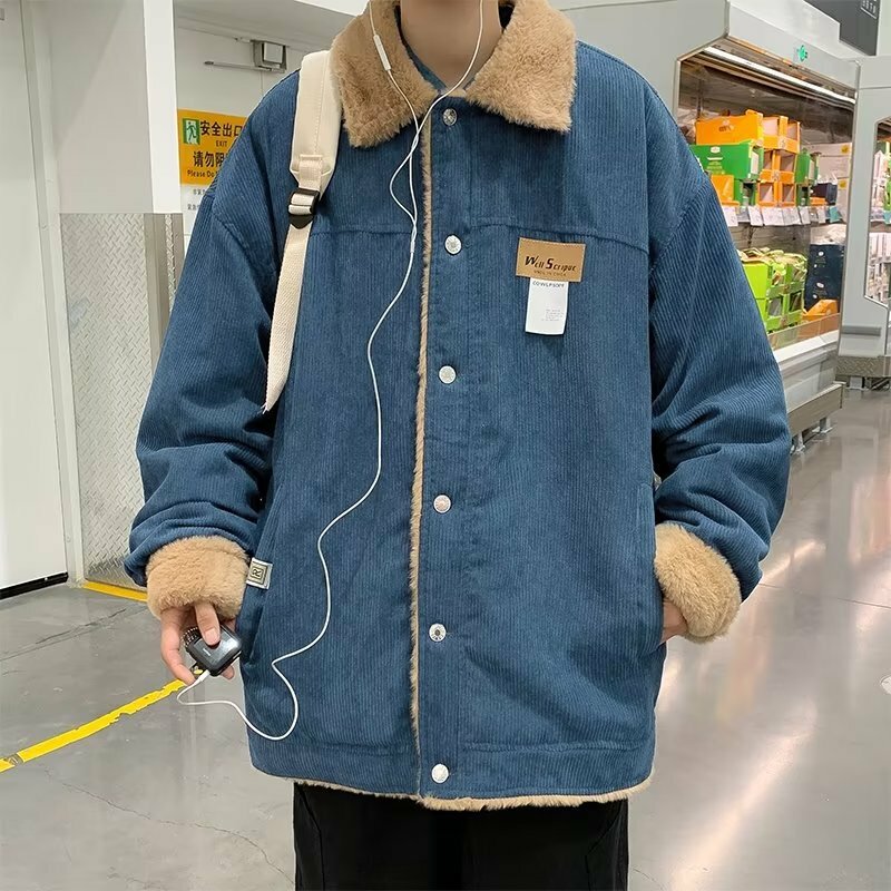 Abrigo de algodón de lana de cordero para hombre, abrigo informal suelto de felpa y solapa gruesa, abrigo versátil de marca de moda de estilo Hong Kong