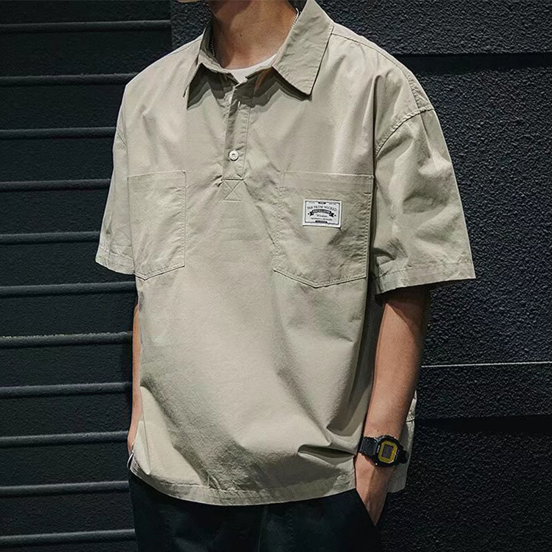 Camicie Cargo a maniche corte da uomo Multi-tasca 2024 t-shirt con colletto rovesciato con bottoni estivi tinta unita Polo Casual da uomo Casual