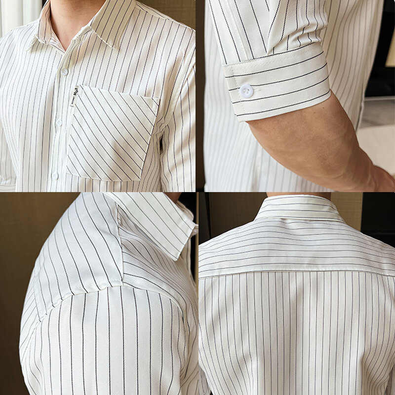 เสื้อเชิ้ตลายทางแขนสามส่วนของผู้ชายสไตล์อังกฤษ2024ฤดูร้อนเสื้อเชิ้ตน้ำหนักเบาบางลำลองของผู้ชาย M-XL