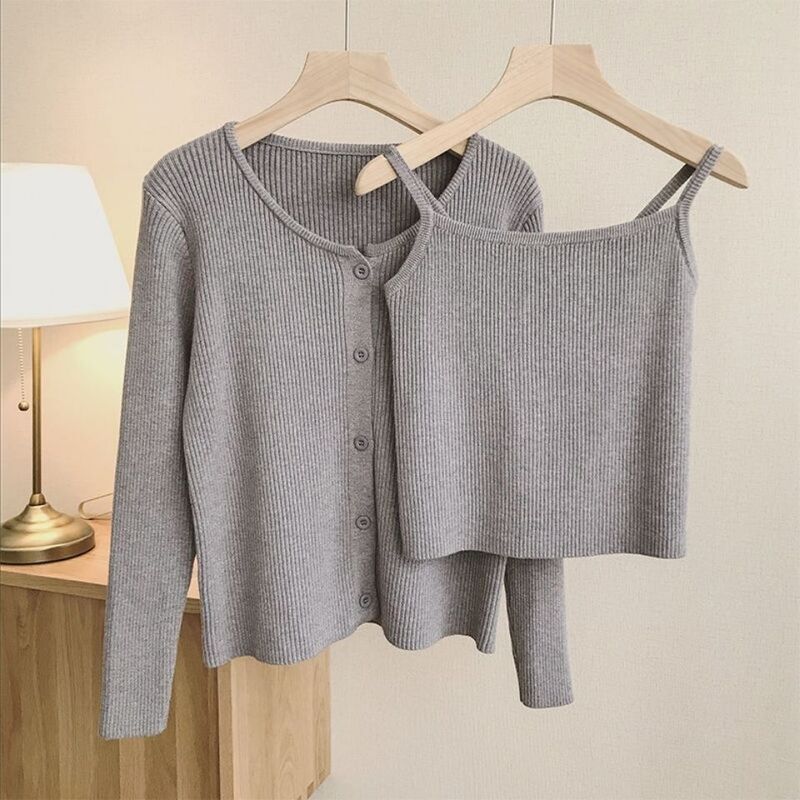 2-piece Women's Clothing Set Spring and Autumn Coat Korean Fashion Cardigans Cropped Sweaters Long Sleeve Top Sweater Vest