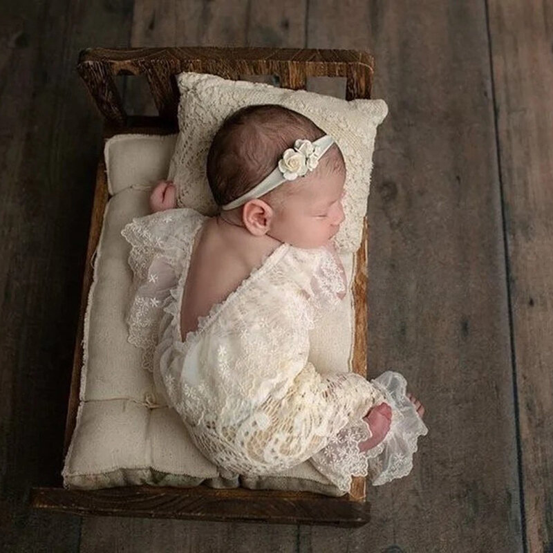 Bodysuit renda bayi baru lahir, pakaian Fashion peringatan pertumbuhan fotografi bulan penuh dengan hiasan kepala hadiah ulang tahun