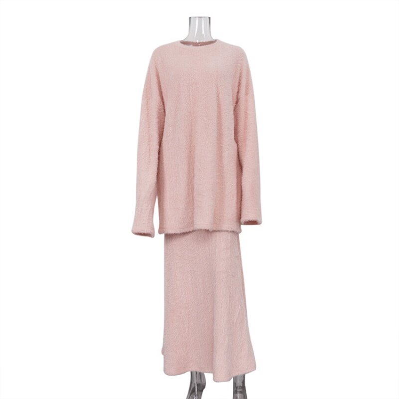 Women's Spring Wear a Set of New Pink Long-Sleeved Loose Top High Waist Skirt Knitted SuitWlj