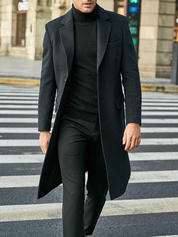 Мужское зимнее шерстяное пальто, однобортное облегающее длинное пальто с воротником с лацканами, уличная одежда на осень и зиму