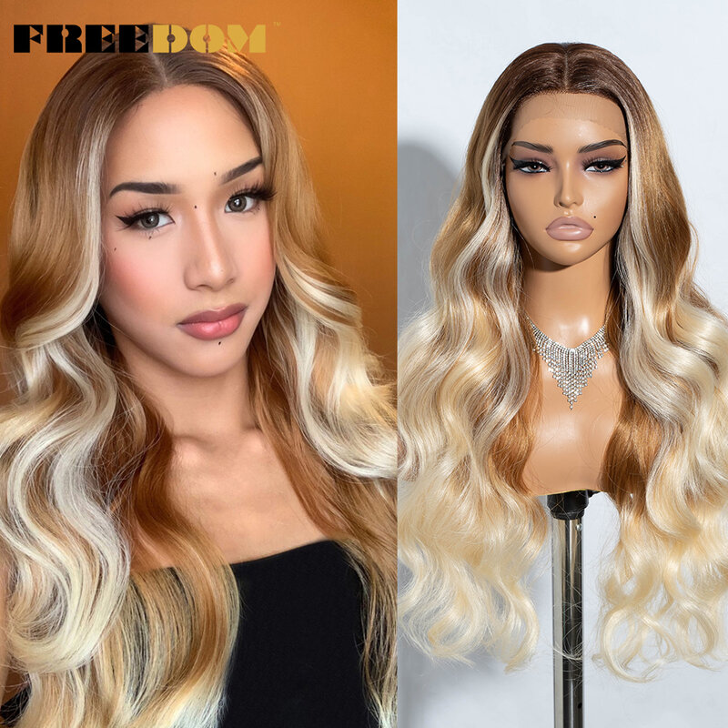 FREEDOM Synthetic Lace Front Wig Body Wave 30 Inch Long Middle Part Lace Wigs For Women Lace Front Wig Ombre Blonde Cosplay Wig