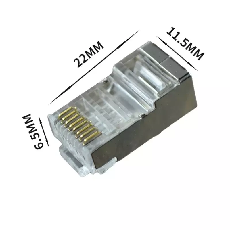 Terlindung Cat6 RJ45 berlubang 8P8C kabel Ethernet modular colokan kepala jaringan keriting berlapis emas konektor RJ45 (100 buah)