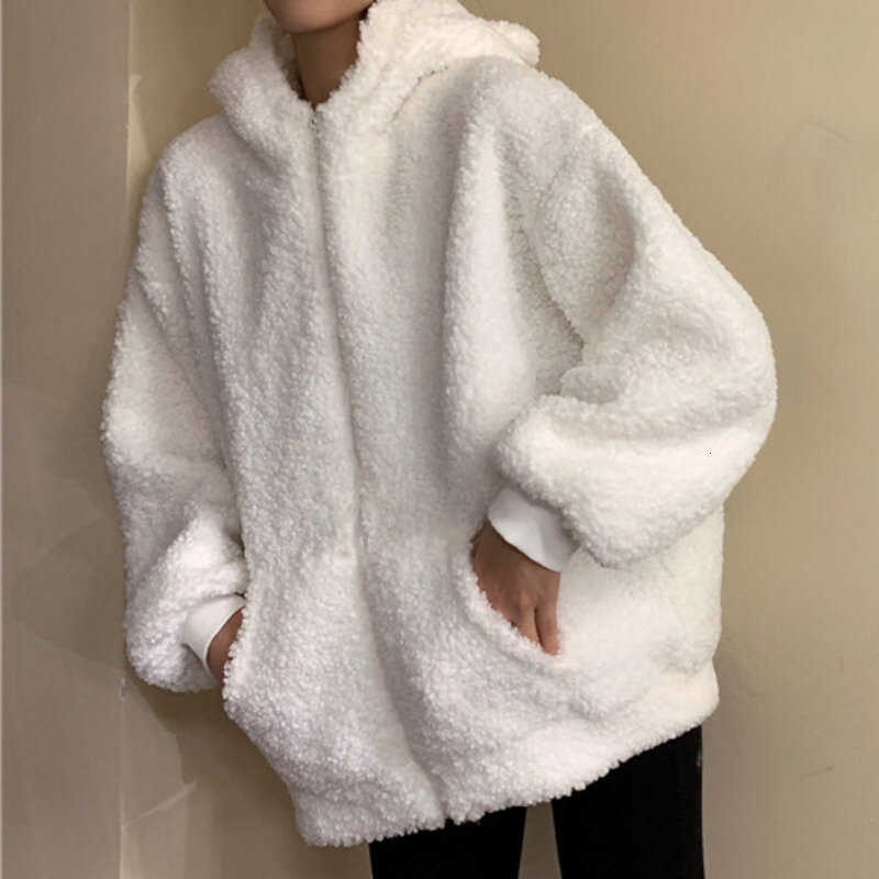 Kawaii Fleece Faux Fur LongAutumn Winter Women Green Beige Zip-up Sweatshirt  Sleeve Hooded Teddy Bear Ears Soft Hoodies White