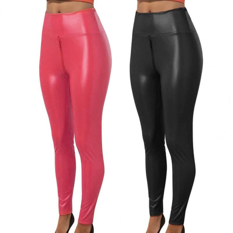 Celana legging warna Solid celana Bodycon eksotis celana kulit imitasi seksi untuk wanita ritsleting kontrol perut selangkangan terbuka untuk pesta
