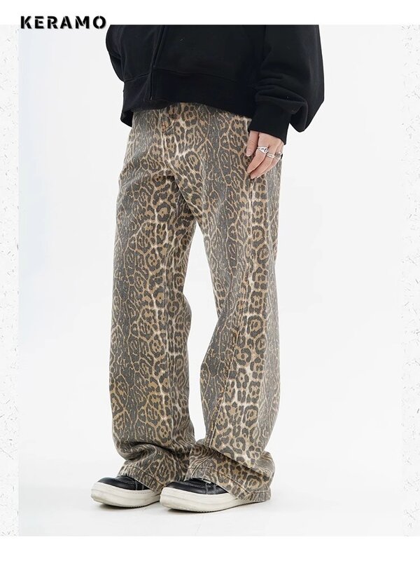 Jeans vintage com estampa leopardo para mulheres, calça casual de pernas largas, pantera de cintura alta, moda primavera, tamanho grande