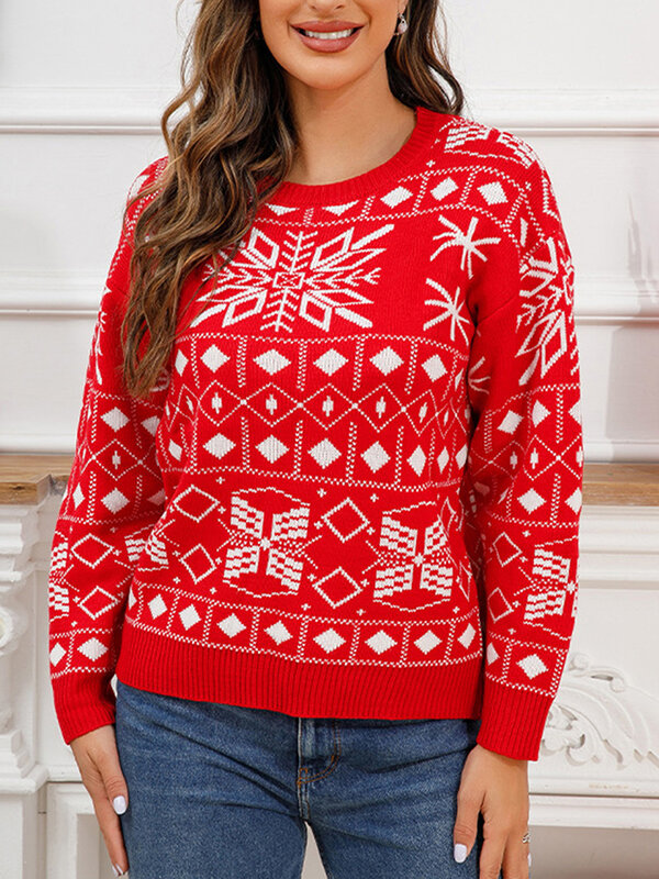 Sweater natal wanita, atasan rajut Pullover leher bulat lengan panjang motif grafis kepingan salju klasik