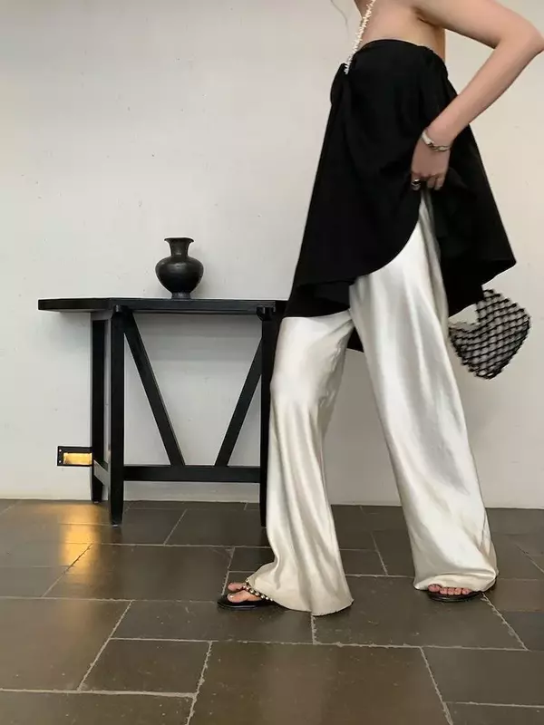 Deeptown-pantalones de pierna ancha de satén para mujer, pantalón blanco elegante, informal, holgado, estilo coreano, ropa de oficina, color negro, verano 2024