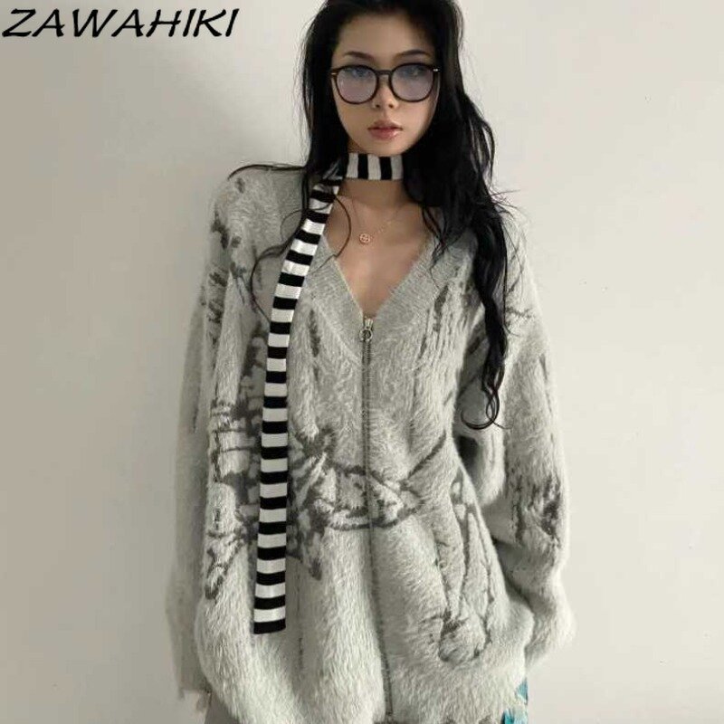 ZAWAHIKI Cardigan Women Fall Winter V-neck Loose Casual Zipper Deigned Print Chic Knitted Sweater Casual Vintage Fashion Tops