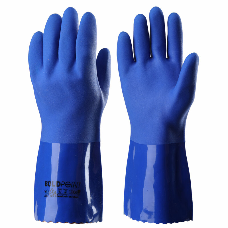 قفازات PVC زرقاء مع صفعة ممتدة ، كيميائية ، حمضية ، مقاومة للزيت ، مانعة للانزلاق ، استخدام صناعي ، زراعي ، حراجي ، 12 "، 1 زوج