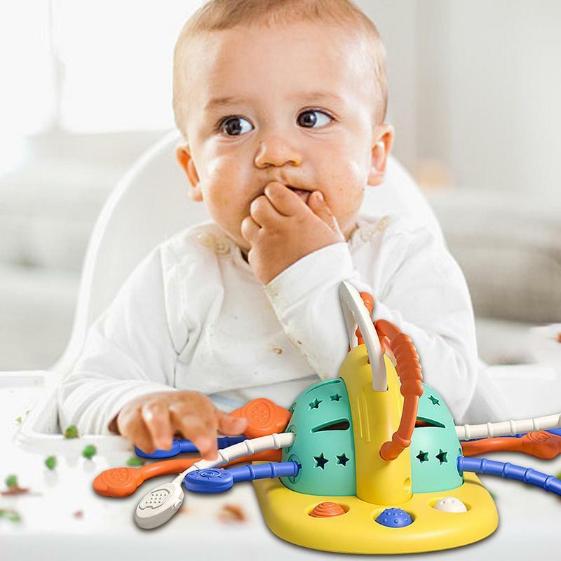 Tarik tali mainan sensorik silikon bayi tarik String mainan hisap cangkir Montessori Multi-sensorik aktivitas Teether mainan untuk mengembangkan
