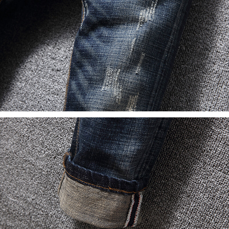 Moda designer calças de brim dos homens de alta qualidade retro azul escuro elástico fino ajuste rasgado jeans calças de brim casuais do vintage hombre