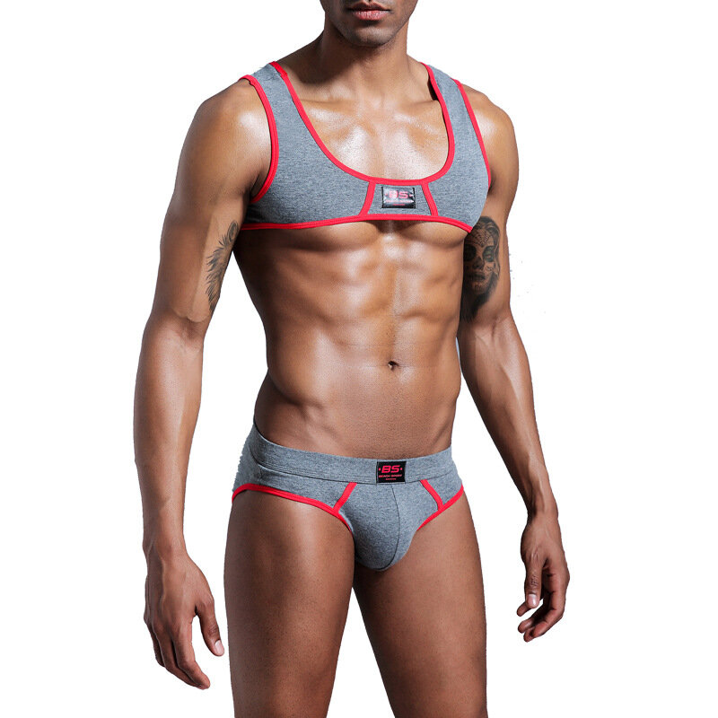 Mens Sexy Chest Muscle Harness Top Briefs Male Underwear Suit Fitness Undershirts Workout Running Gym Sportswear Men Clothes Set