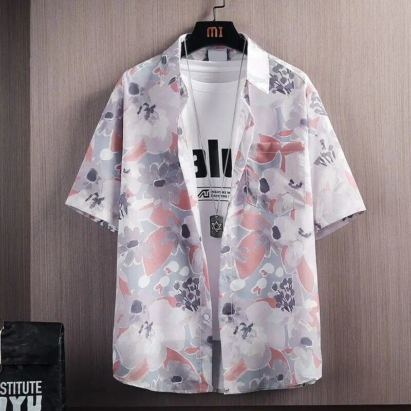 Elegancka modna Harajuku Slim Fit Ropa Hombre luźna sportowa bluza dopasowana postawiony kołnierz z nadrukiem na guziki z krótkim rękawem Blusa