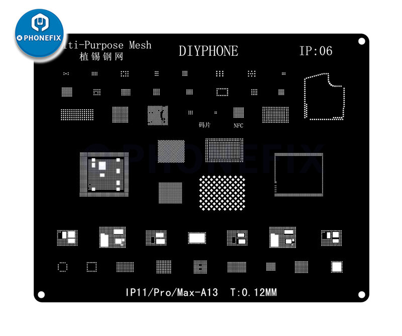 DIYPHONE Kit stensil BGA, untuk iPhone 15 14 13 11 12 Pro MAX X XR 8P 8 7P 7 6 Chip IC CPU baja hitam jaring solder timah
