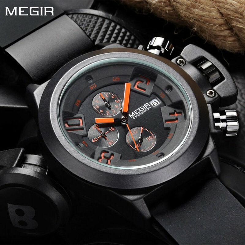 MEGIR-reloj analógico de cuarzo para hombre, accesorio de pulsera resistente al agua con cronógrafo, complemento Masculino deportivo de marca de lujo con esfera grande, a la moda
