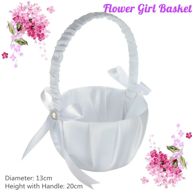 Wedding Ceremony Party Pearl White Single Flower Girl Baskets Marriage Satin Bowknot Supplies Romantic Rustic Wedding Basket