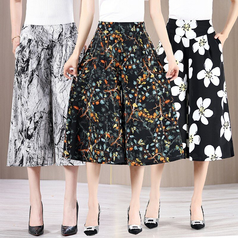 Calça feminina casual plissada de perna larga cortada, roupa de verão, fina, solta, cintura alta, elástica, calça estampada floral vintage
