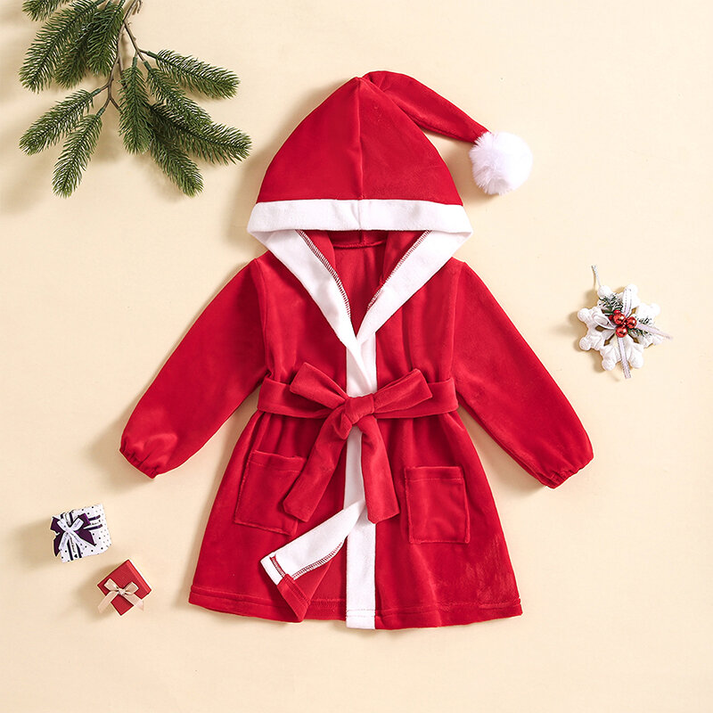 Unisex manga comprida com capuz robe com cinto para criança, roupa de Natal para bebê menina e menino