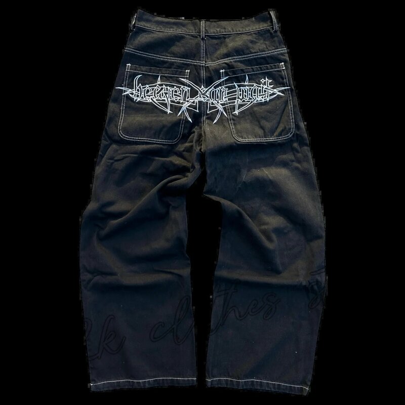 Retro Skull Graphic Baggy Jeans Y2K Jeans Harajuku Black Pants Men's New Punk Rock Hip Hop Gothic Wide Leg Trousers Streetwear