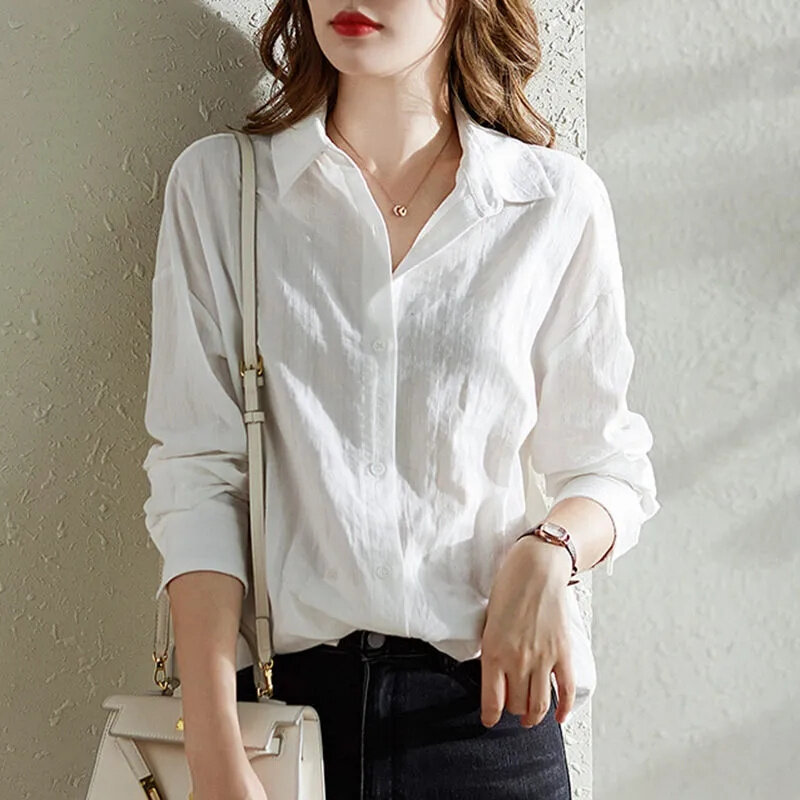 Blusa blanca de algodón para mujer, camisa de manga larga, cárdigan de rayas sueltas coreanas, abrigo informal, Tops finos que combinan con todo, 2024