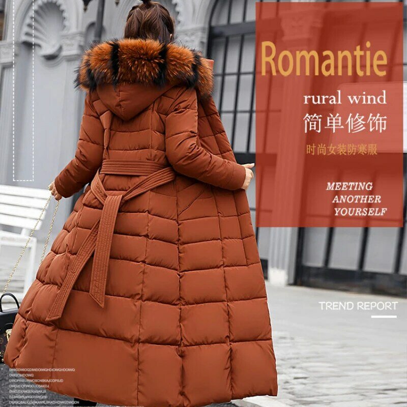 女性の冬の綿のロングコート,膝上,大きな毛皮の襟,フード付き,厚くて暖かい,パッド入りのコットンコート