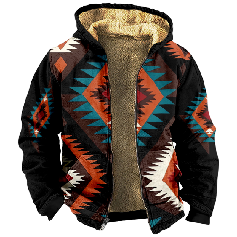 Traditional Pattern Tribal Prints Graphic Vintage Hoodie Long Sleeve Zip Sweatshirt Stand Collar Coat Women Men Winter Clothes