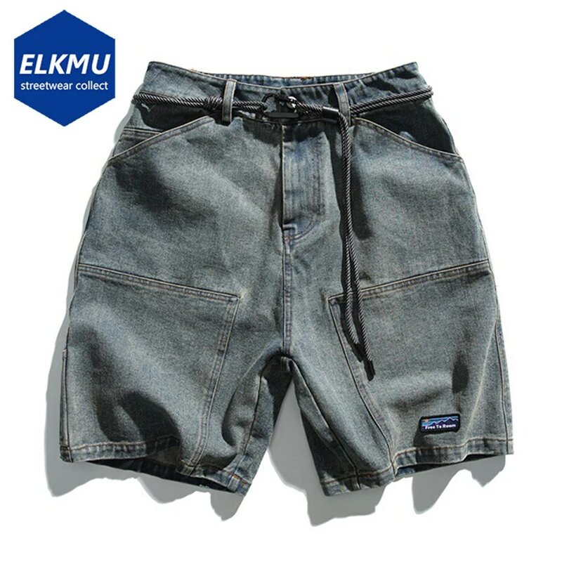 Men Vintage Blue Denim Shorts Summer Wide Leg Loose Casual Shorts Streetwear Harajuku Hip Hop Retro Shorts Y2K