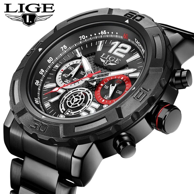 LIGE-Relógio de pulso masculino de quartzo em aço inoxidável, relógios masculinos, cronógrafo luminoso, negócios, luxo, esportes, relógio masculino