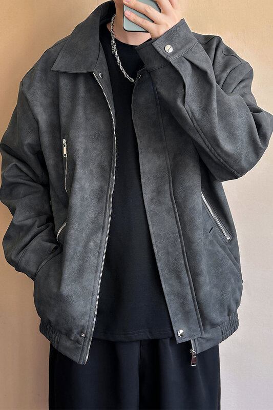 남성용 레트로 오토바이 스타일 가죽 재킷, 맞춤형 루즈핏 코트, 한국 패션 스트리트 의류