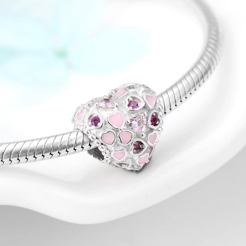 Affascinante cuore rosa CZ autentico perlina in argento Sterling 925 gioielli fai-da-te che si adattano alle donne originali con ciondoli LYNACCS