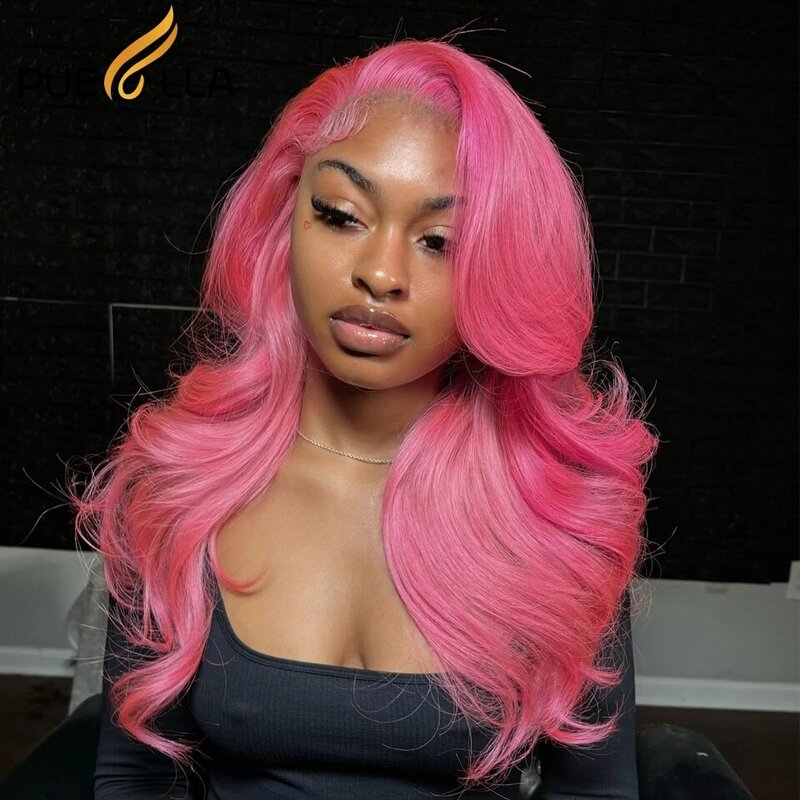 Peluca de cabello humano ondulado con malla Frontal para mujer, pelo brasileño liso prearrancado con pelo de bebé, color rosa, 13x4, HD