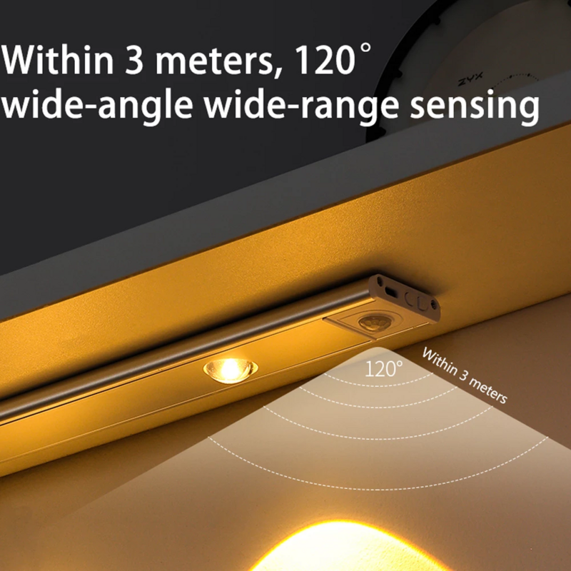 Luz LED nocturna con Sensor de movimiento, iluminación Ultra delgada para debajo del armario, cocina, armario, 30/40/60CM, recargable por USB