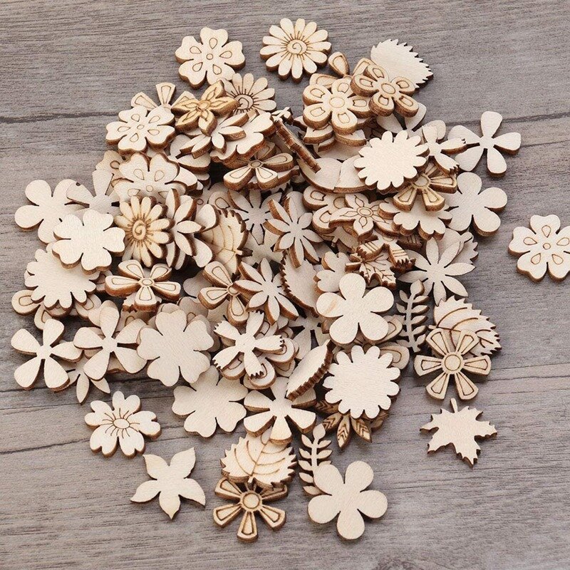 100Pcs Wood Discs Slices Flower Shape Unfinished Wooden Cutouts Craft DIY Decoration