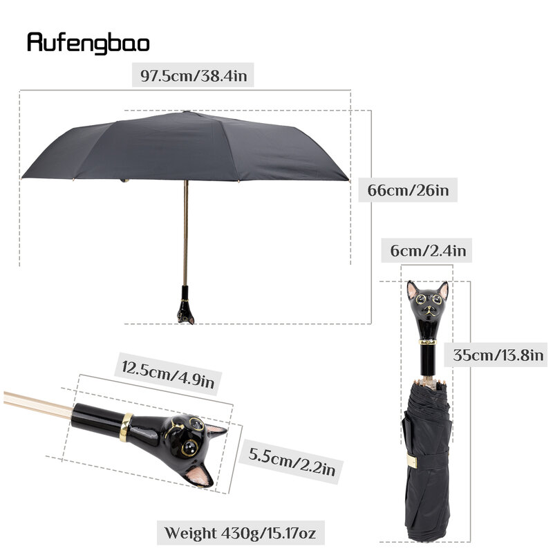 Guarda-chuva do punho do gatinho do gato preto, guarda-chuva automático, proteção UV, windproof, dobrando, dias ensolarados e chuvosos, homens e mulheres