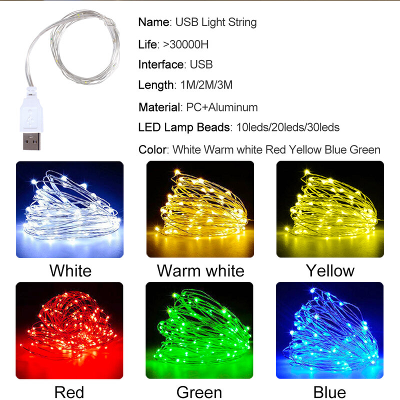 1M 2M USB Đèn LED Dây Đèn Đồng Bạc Dây Vòng Hoa Sáng Chống Nước Cổ Tích Đèn Cho Giáng Sinh cho Tiệc Cưới