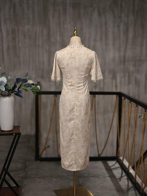 Chińska wiosna nowa chińskie w stylu Retro z długimi rękawami elegancka różowa ulepszona Qipao sukienka koronkowa seksowna damska sukienka nowoczesne Qipao