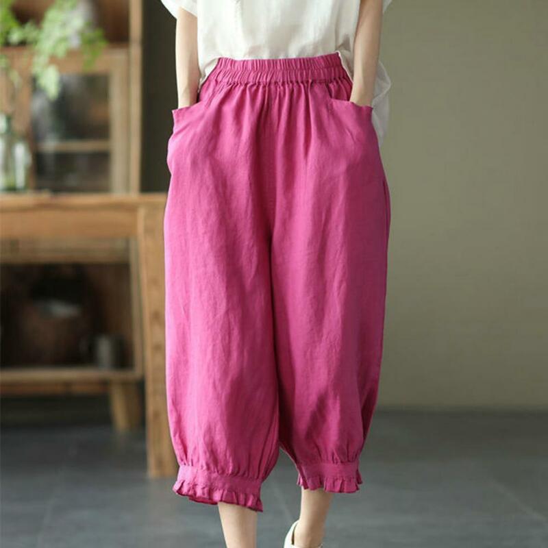 Pantalones bombachos informales para mujer, pantalón elegante de Color sólido con bolsillos de cintura elástica, tela suave y transpirable para verano