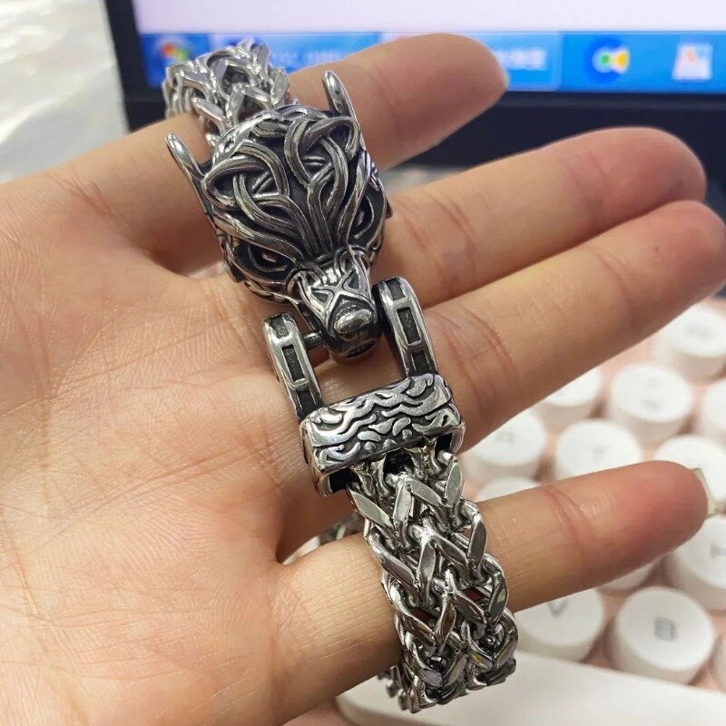 Stainless Steel Braided Nordic Viking Beast Wolf Buckle Chain Bracelet Bangle 19/21/23cm Retro Punk Biker Party Jewelry for Men