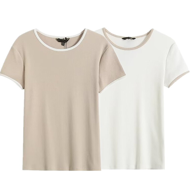 Maxdutti-Camiseta de manga corta para mujer, Top de punto con cuello redondo, estilo nórdico minimalista, codificado por colores