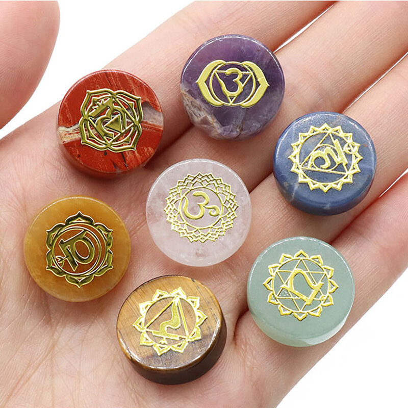 Piedra de Yoga Reiki con símbolo circular, cristal Natural de amatista, colorido, buena calidad, alrededor de 16-18mm, 7 paquetes, nueva moda